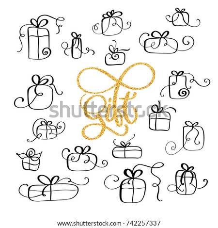 set of vector black vintage doodle gift icon on white background and calligraphy lettering word Gift