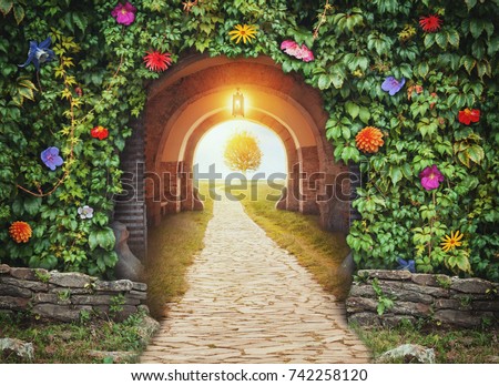 Mysterious gate entrance in paradise.  New life or beginning concept Royalty-Free Stock Photo #742258120
