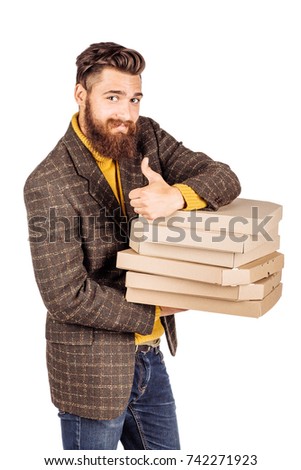 portrait of bearded businessman with Pizza boxes and thumb up. human emotion expression and office, business, finances concept. image isolated white background.