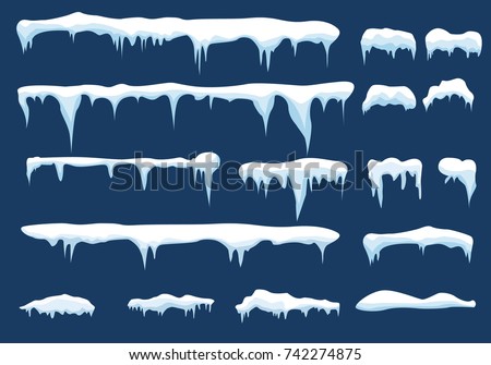 Set of snow icicles, snow cap isolated. Snowy elements on winter background. Vector template in cartoon style Royalty-Free Stock Photo #742274875