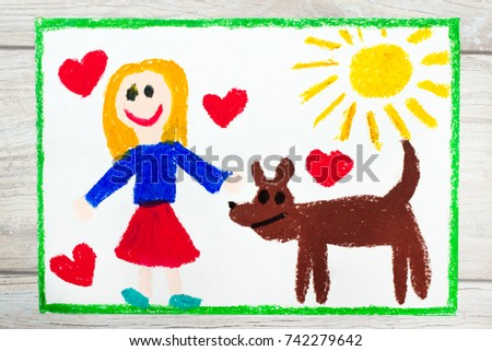 Photo of colorful drawing: Smiling little girl and her cute dog