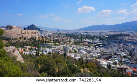 Photo from famous Philopapos hill with views to iconic Acropolis and the Parthenon, Attica, Greece     