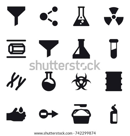 16 vector icon set : funnel, molecule, flask, nuclear, nanotube, washing powder, toilet cleanser