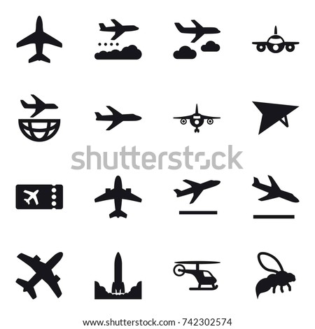 16 vector icon set : plane, weather management, journey, plane, ticket, airplane, departure, arrival, wasp Royalty-Free Stock Photo #742302574