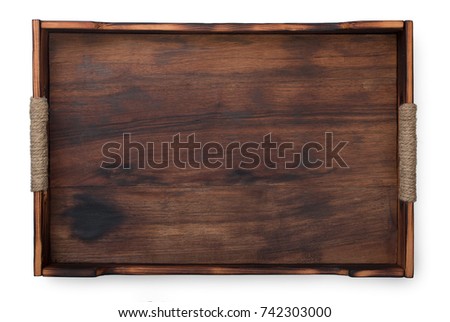 Dark wooden serving tray isolated on white background, top view. Royalty-Free Stock Photo #742303000