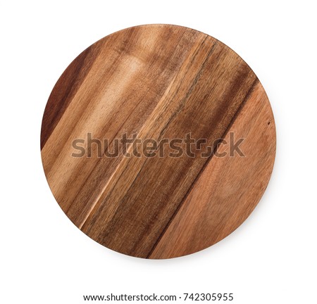 Acacia wood round cutting board isolated on white background, top view Royalty-Free Stock Photo #742305955