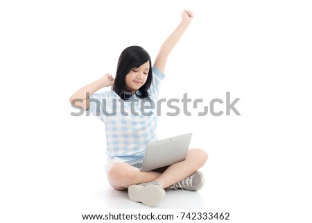 Happy Asian girl with laptop, isolated on white background