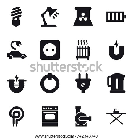 16 vector icon set : bulb, table lamp, nuclear power, battery, electric car, power socket, radiator, kettle, water pump, iron board