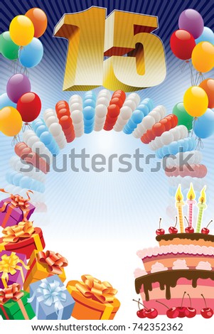 Background with design elements and the birthday cake. The poster or invitation for fifteenth birthday or anniversary.