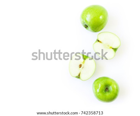 Closeup top view green apple on white background with space for product or text advertising, fruit healthy concept