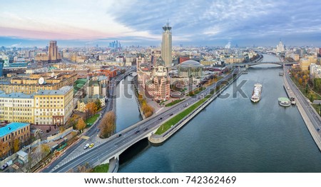 Aerial panorama of Moscow nearby the confluence of Vodootvodny Canal and Moskva river Royalty-Free Stock Photo #742362469
