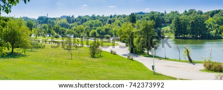 Panorama in Tineretului Park, near downtown Bucharest, Romania Royalty-Free Stock Photo #742373992