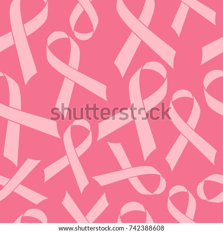 Seamless pattern of breast cancer. Ribbons on pink background. 