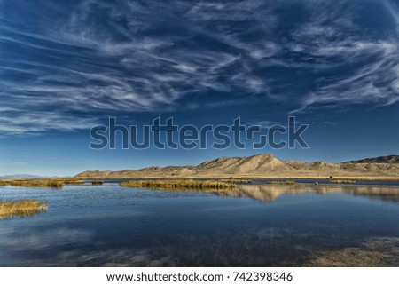 Horizontal Color Image of a mountain reflection in a marsh in Nevada USA