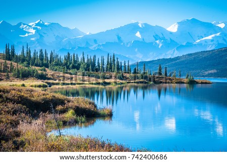 Denali National Park and Wonder lake with Mountain Background Royalty-Free Stock Photo #742400686