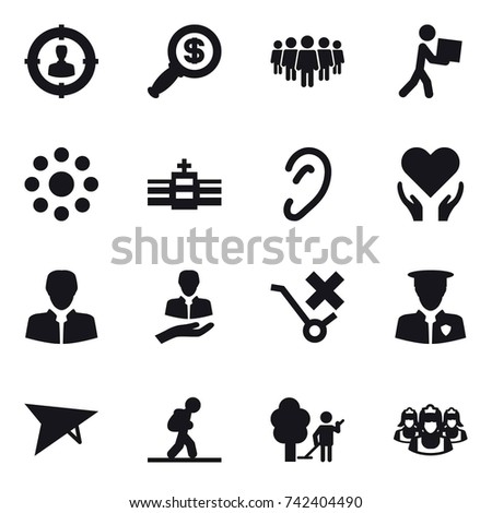 16 vector icon set : target audience, dollar magnifier, team, courier, round around, deltaplane, tourist, garden cleaning, outsource