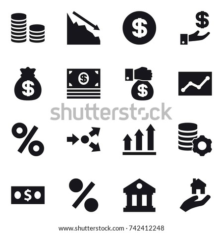 16 vector icon set : coin stack, crisis, dollar, investment, money bag, money, money gift, statistic, percent, core splitting, graph up, virtual mining, library, real estate Royalty-Free Stock Photo #742412248