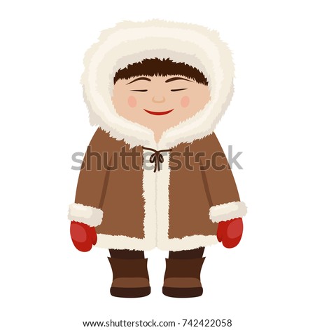 Eskimo man in traditional snow fur coat. People inhabited Siberia, Alaska, the northern region. Vector flat style cartoon illustration isolated on white background Royalty-Free Stock Photo #742422058