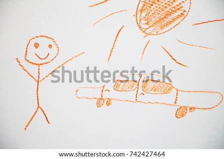 a child's drawing with a pencil happy man with a car
