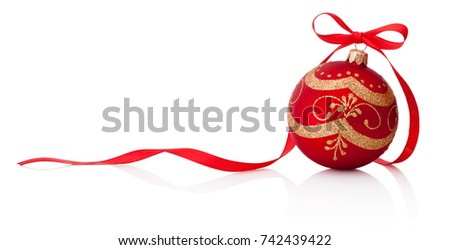 Red Christmas decoration bauble with ribbon bow isolated on white background Royalty-Free Stock Photo #742439422