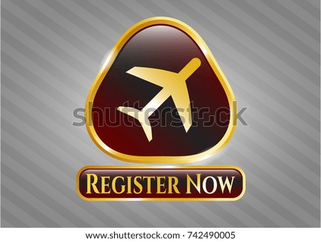  Golden emblem or badge with plane icon and Register Now text inside