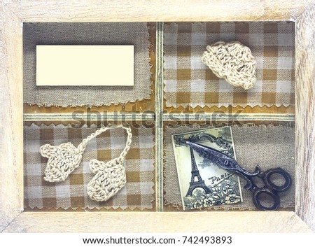 Decorative photo-card with the possibility of writing your own text, a frame made of natural wood with the theme of needlework, knitting, sewing, embroidery