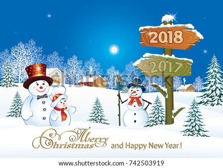 Christmas card with snowmen and sign 2018 against the background of the winter landscape. Vector illustration