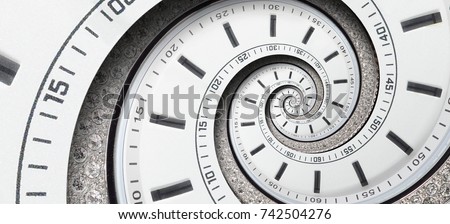 Modern diamond white clock watch twisted to surreal spiral. Abstract spiral fractal clock. Watch clock unusual abstract texture pattern background. Stylish abstract fractal spiral clock time spiral