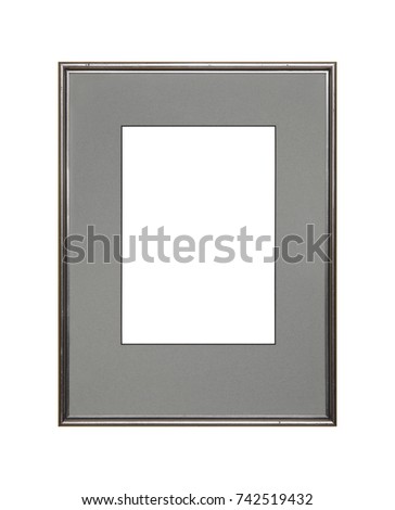 Vintage old wooden classic silver gray painted vertical rectangular frame and cardboard mat (passe partout mount) for picture or photo, isolated on white background, close up