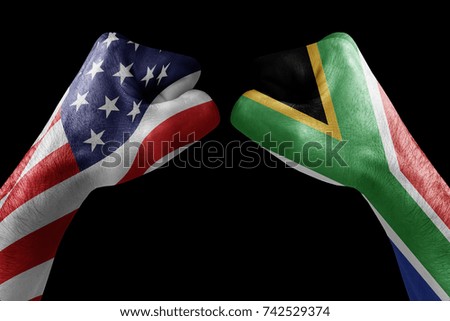 conflict between USA vs Afrique du Sud, male fists - governments conflict concept,  Flags written on hands USA, USA Flag, USA  counter, fists symbol war