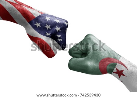 conflict between USA vs Algeria, male fists - governments conflict concept,  Flags written on hands USA, USA Flag, USA  counter, fists symbol war