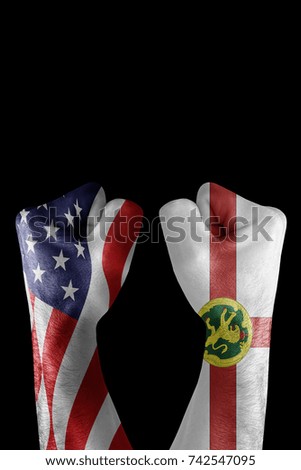 conflict between USA vs Alderney, male fists - governments conflict concept,  Flags written on hands USA, USA Flag, USA  counter, fists symbol war