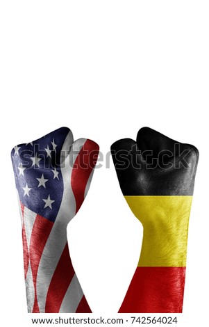conflict between USA vs belgium, male fists - governments conflict concept,  Flags written on hands USA, USA Flag, USA  counter, fists symbol war