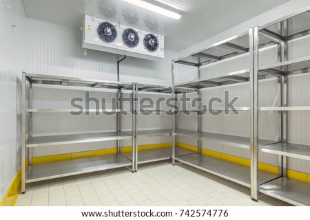 Warehouse freezer. Warehouse freezer. Refrigeration chamber for food storage. Royalty-Free Stock Photo #742574776