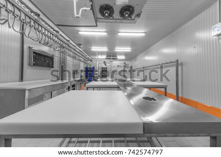 Warehouse freezer, Cold storage.
Refrigeration chamber for food storage. Royalty-Free Stock Photo #742574797