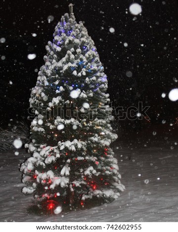 Photo of a decorated Christmas tree standing outside with red white and blue lights while snowflakes are falling.