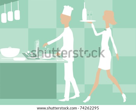 A waitress working with a chef.
