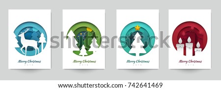 Set background for covers, invitations, posters, banners, flyers, placards. Minimal template design for branding, advertising with winter christmas composition in paper cut style. Vector illustration.