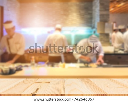 Product display template, table top with sushi bar blur restaurant background, good for japanese food display