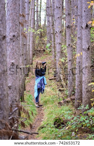 woman standing in pine forest in fall taking photos with digital camera