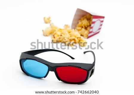 Popcorn and 3D glasses, to see the 3D movie on a white background.