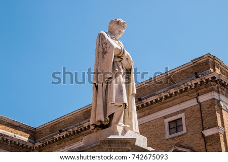 The monument to the poet Giacomo Leopardi in Recanati - his hometown, Macerata, Marche, Italy