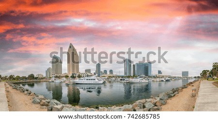 Beautiful panoramic view of San Diego port and city skyline at sunset.