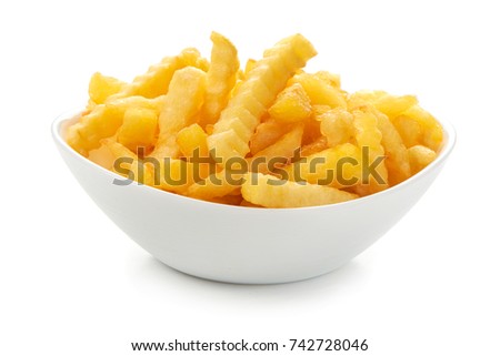 French fries on a plate, isolated on white background Royalty-Free Stock Photo #742728046