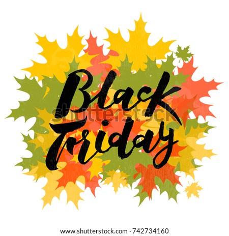 Hand drawn Black friday lettering text on white background with maple autumn leaves, vector illustration. Hand drawn Black friday for logotype/badge/icon/logo/banner/tag. Vector design for sale. 