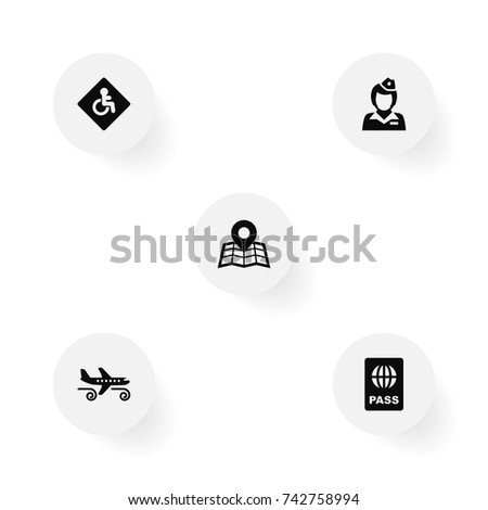 Set Of 5 Aircraft Icons Set.Collection Of Hostess, Gustiness, Location And Other Elements.