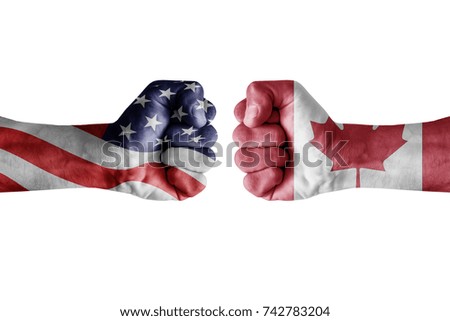 conflict between USA vs Canada, male fists - governments conflict concept,  Flags written on hands USA, USA Flag, USA  counter, fists symbol war