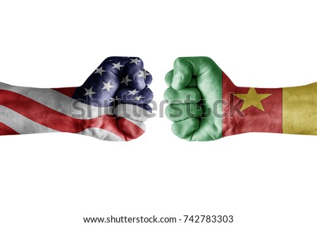 conflict between USA vs Cameroon, male fists - governments conflict concept,  Flags written on hands USA, USA Flag, USA  counter, fists symbol war