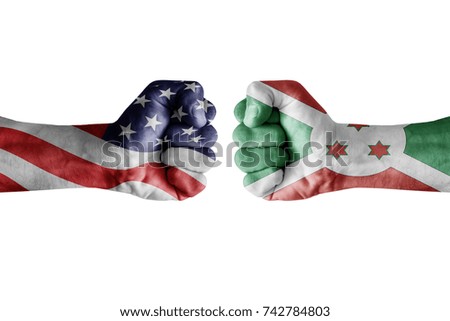 conflict between USA vs Burundi, male fists - governments conflict concept,  Flags written on hands USA, USA Flag, USA  counter, fists symbol war