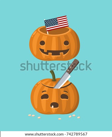 Icons of Halloween pumpkins. Pumpkin with a stabbed knife and a pumpkin with the American flag.
